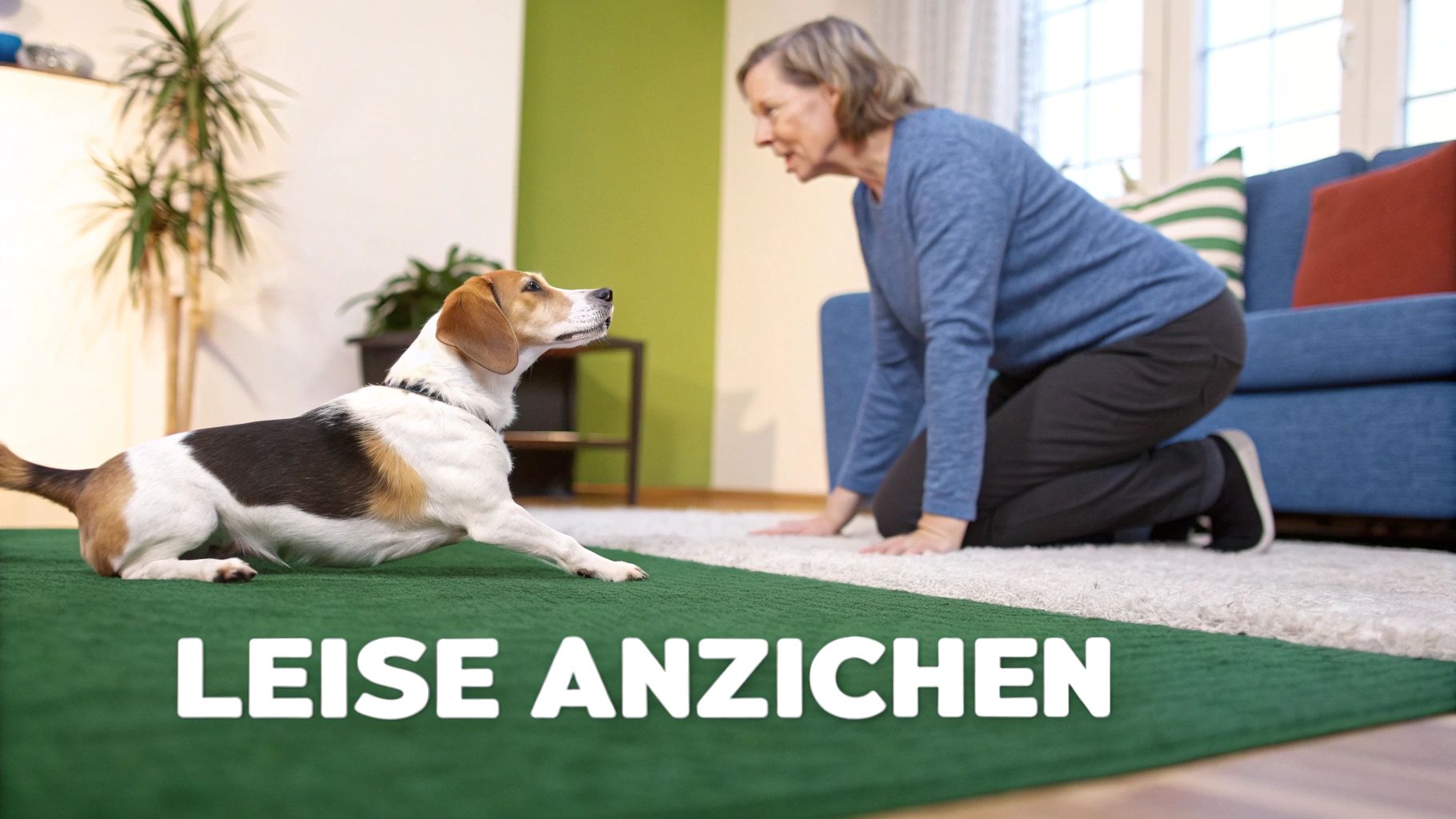 Eine Frau kniet auf einem Teppich und blickt einen Beagle-Hund an, der auf einer grünen Matte liegt.