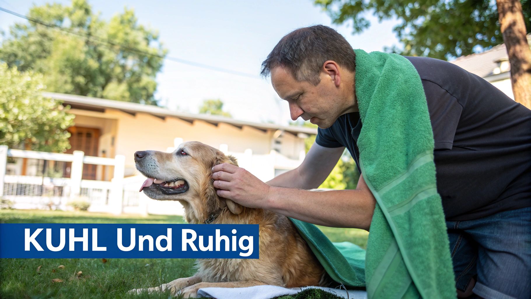 Ein Mann mit einem grünen Handtuch beruhigt einen hechelnden Golden Retriever auf dem Rasen.