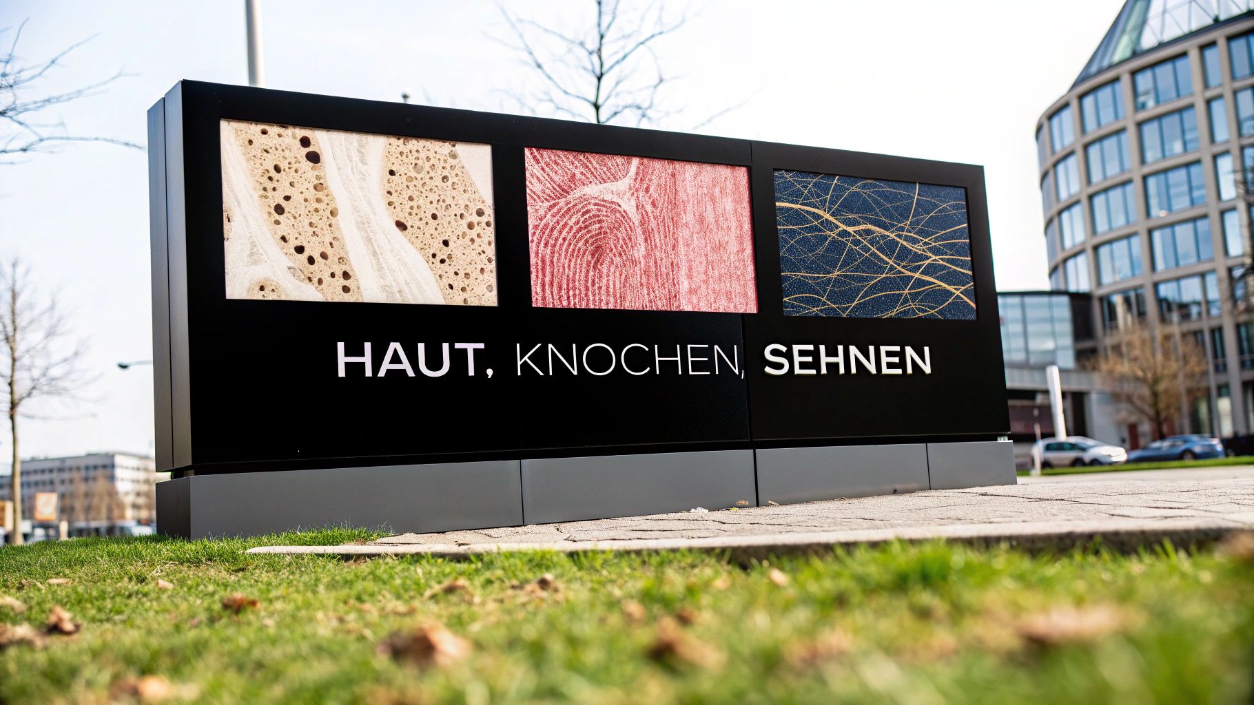 Großes schwarzes Schild mit drei illustrierten Tafeln und den Worten Haut, Knochen, Sehnen.