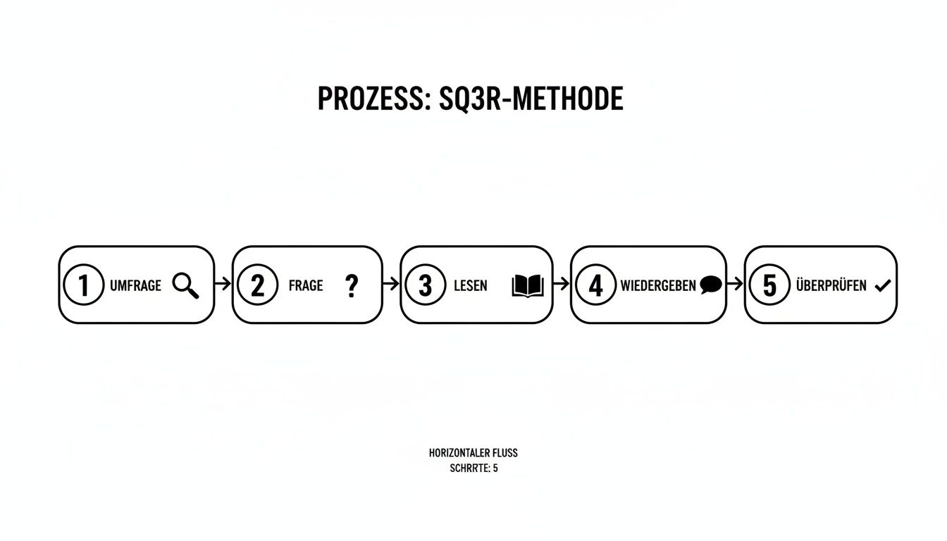Flussdiagramm der SQ3R-Lernmethode mit den fünf Schritten Umfrage, Frage, Lesen, Wiedergeben und Überprüfen.