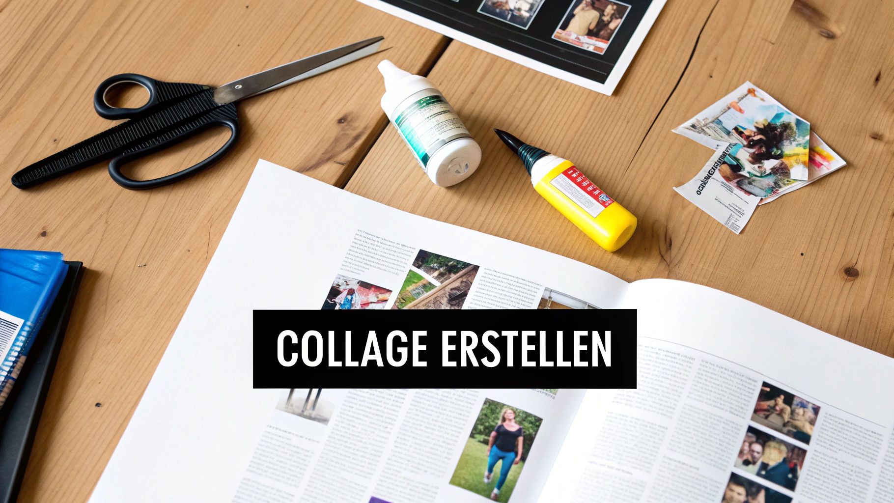 Ein Schreibtisch mit Schere, Kleber, Magazin und Fotos zum Erstellen einer Collage.