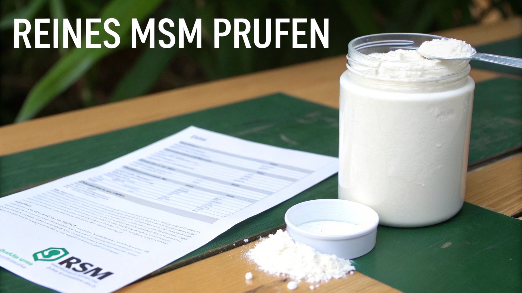 Eine Nahaufnahme von weißem MSM-Pulver auf einem Holzlöffel, daneben eine Schale mit Hundefutter.