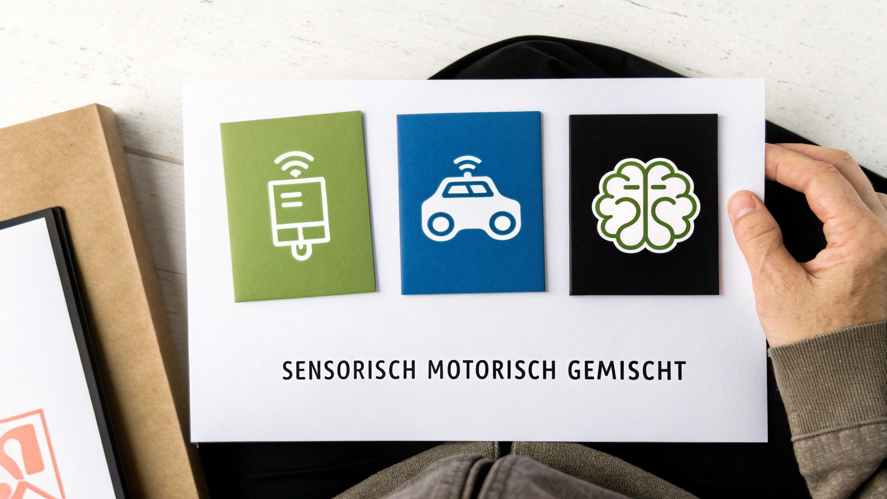Eine Person hält ein Blatt mit drei Symbolkarten: Sensor, autonomes Fahrzeug und Gehirn. Text: SENSORISCH MOTORISCH GEMISCHT.