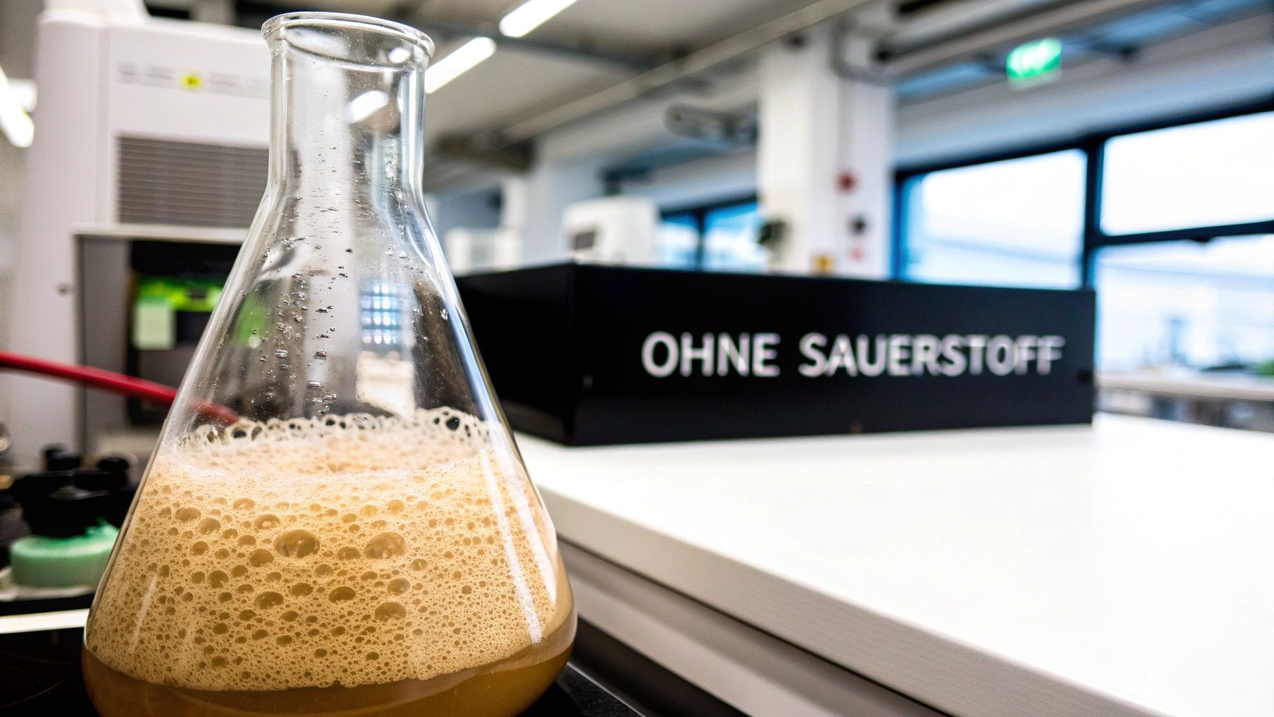 Ein Erlenmeyerkolben mit brauner, schäumender Flüssigkeit im Labor; im Hintergrund steht "OHNE SAUERSTOFF".