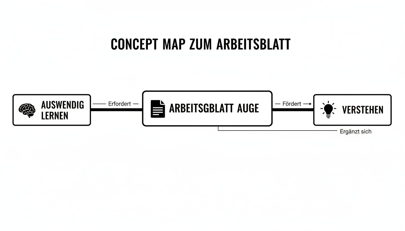 Konzeptkarte zeigt den Zusammenhang zwischen Auswendiglernen, dem Arbeitsblatt Auge und Verstehen, die sich gegenseitig ergänzen.