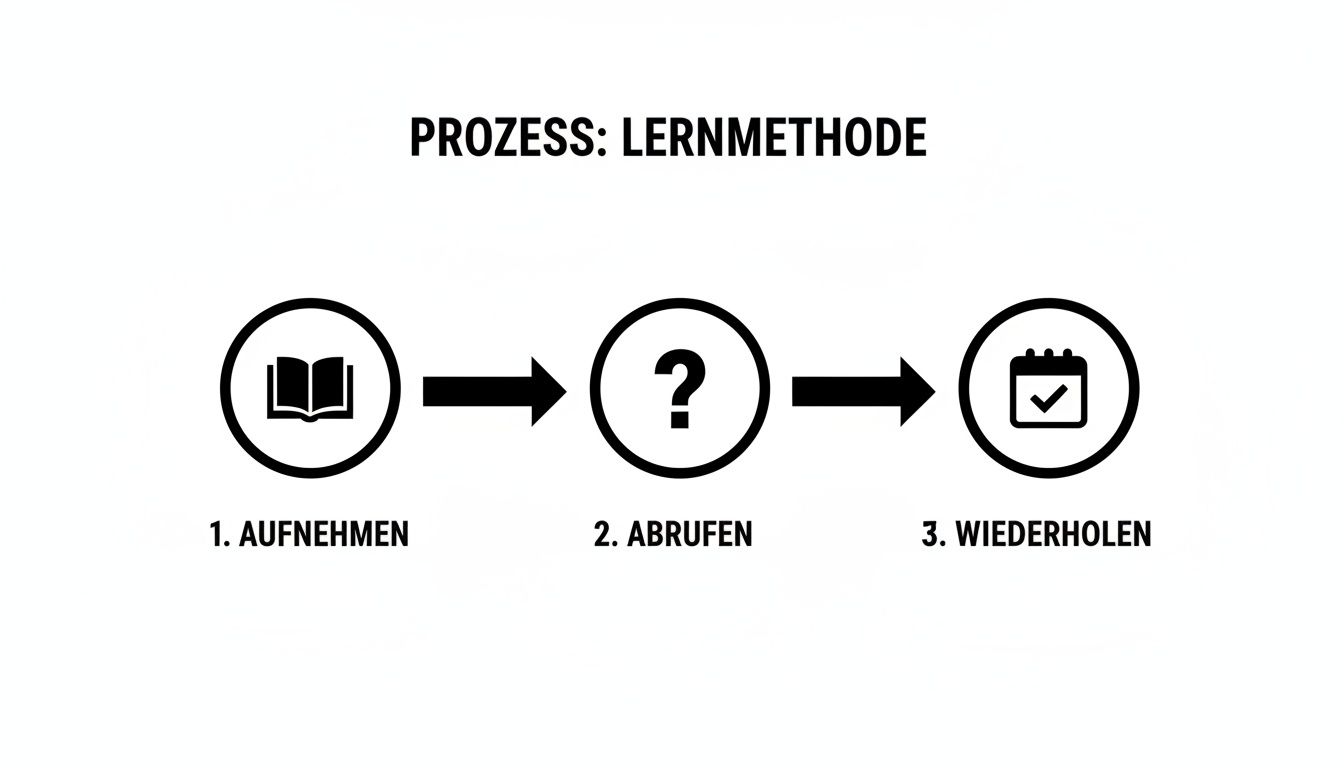 Diagramm einer Lernmethode mit drei Schritten: Aufnehmen (Buch), Abrufen (Fragezeichen) und Wiederholen (Kalender).