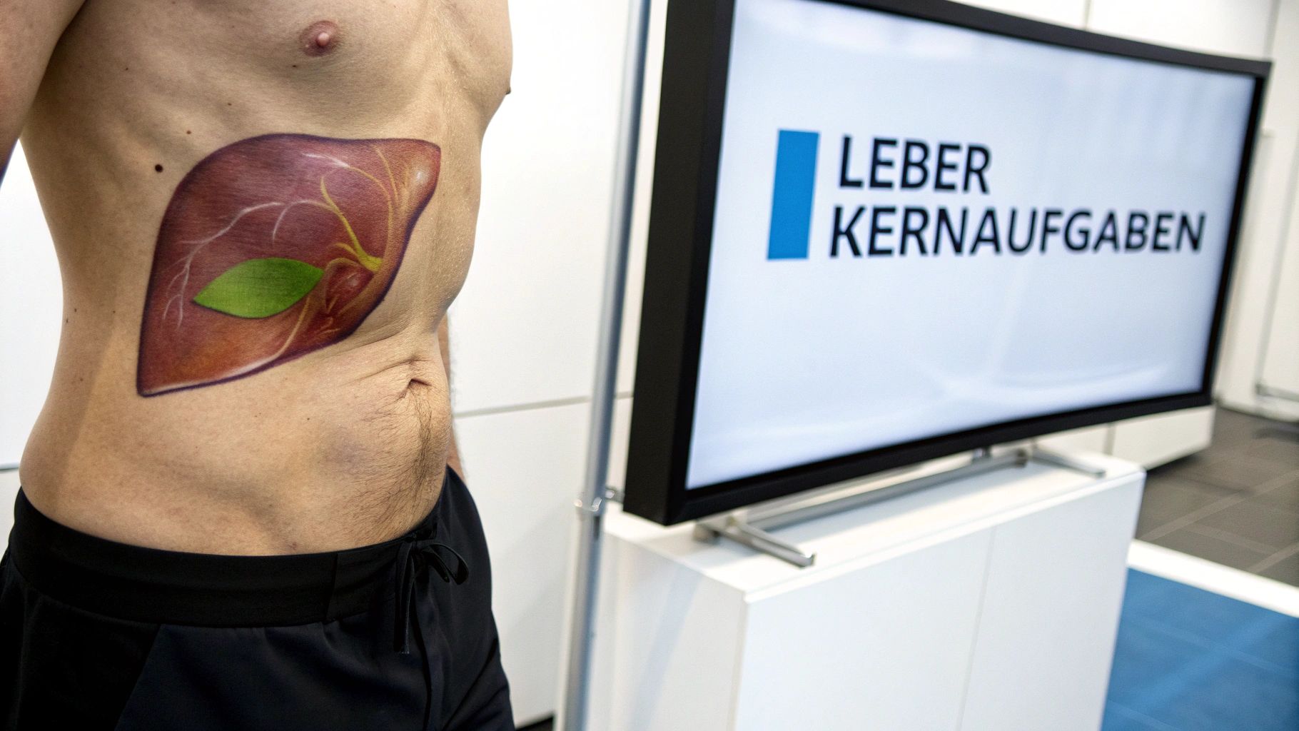 Eine anatomische Illustration der Leber im Vintage-Stil, die ihre Position und Struktur zeigt, von Animus Medicus.