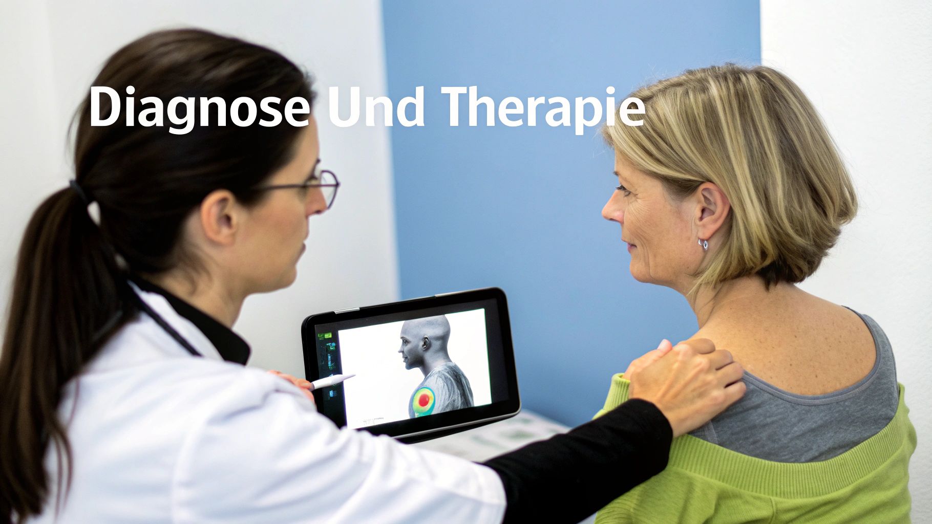 Ärztin erklärt einer Patientin auf einem Tablet die Diagnose und Therapie für die Schulter.