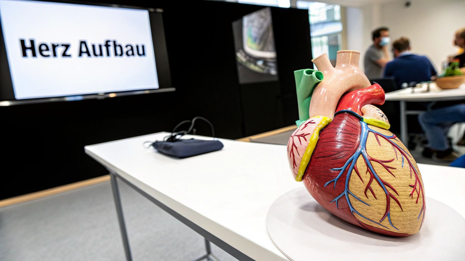 Eine detaillierte anatomische Darstellung des menschlichen Herzens mit seinen Kammern und Gefäßen