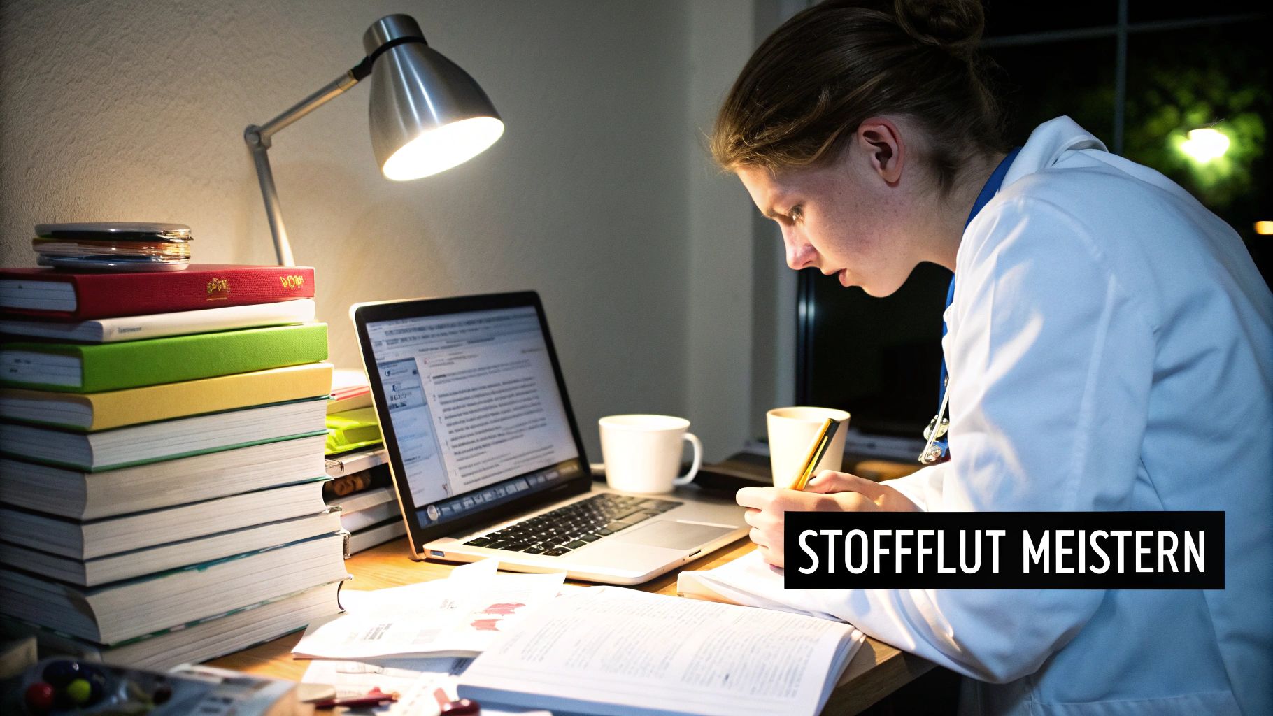 Junge Medizinstudentin lernt abends konzentriert am Schreibtisch mit Laptop, Büchern und Notizen.