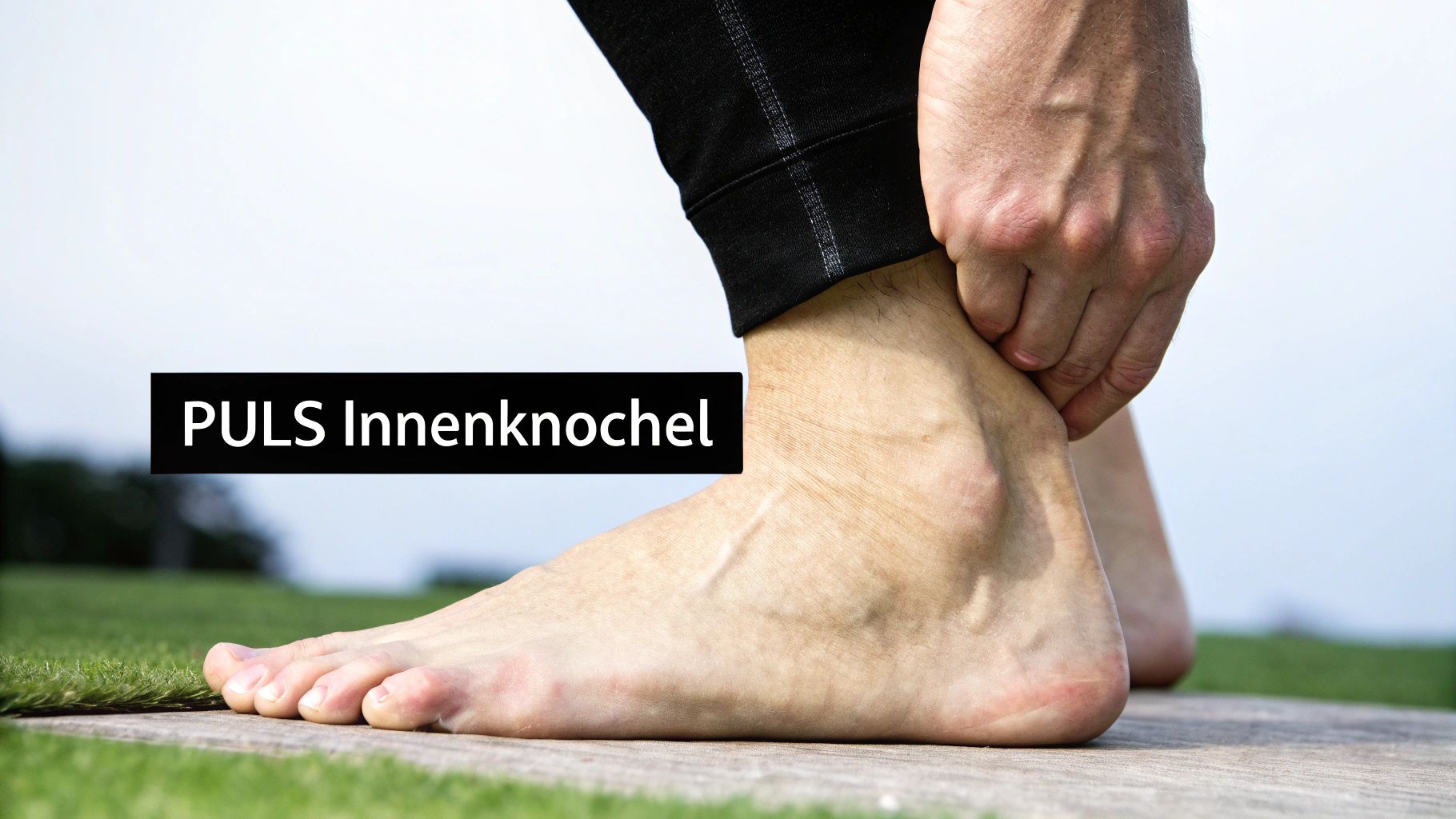 Eine Person tastet den Puls hinter dem Innenknöchel, Finger in der Vertiefung zwischen Knöchel und Achillessehne.