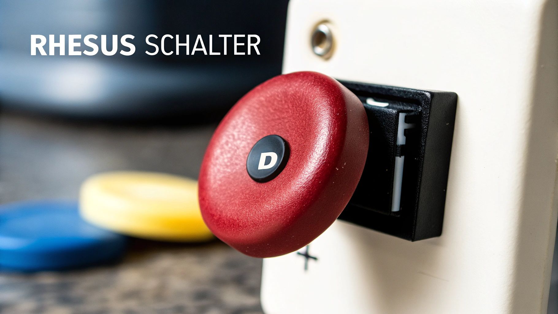 Nahaufnahme eines roten Rhesus-Schalters mit weißem 'D' auf schwarzem Knopf, daneben Schriftzug 'RHESUS SCHALTER'.