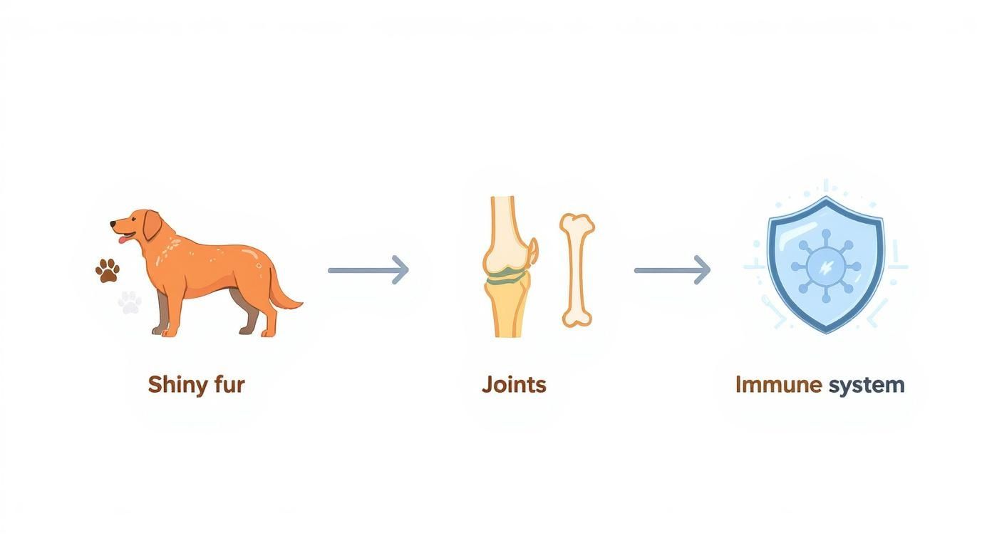 Infografik, die den Wirkungsfluss von Lachsöl bei Hunden zeigt, beginnend bei Haut und Fell, über die Gelenke bis hin zum Immunsystem.