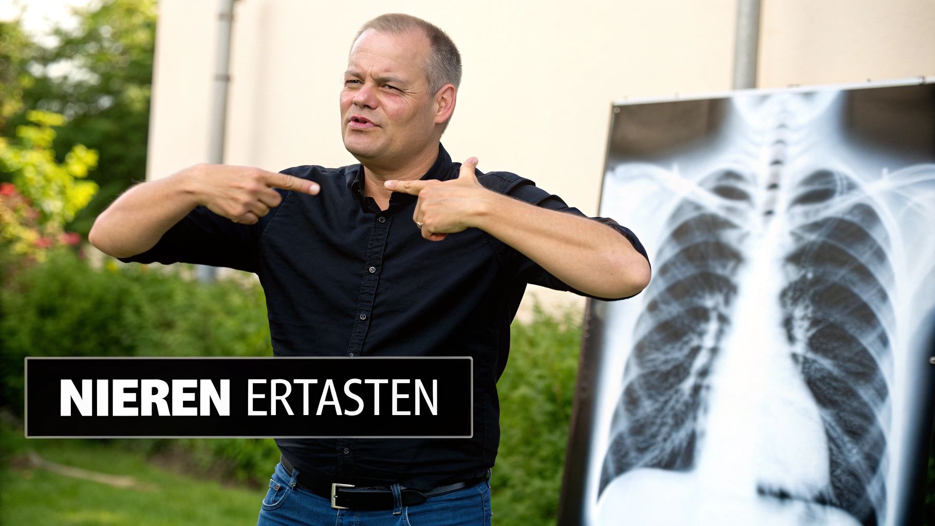 Eine Person zeigt auf die Position ihrer Nieren am Rücken.