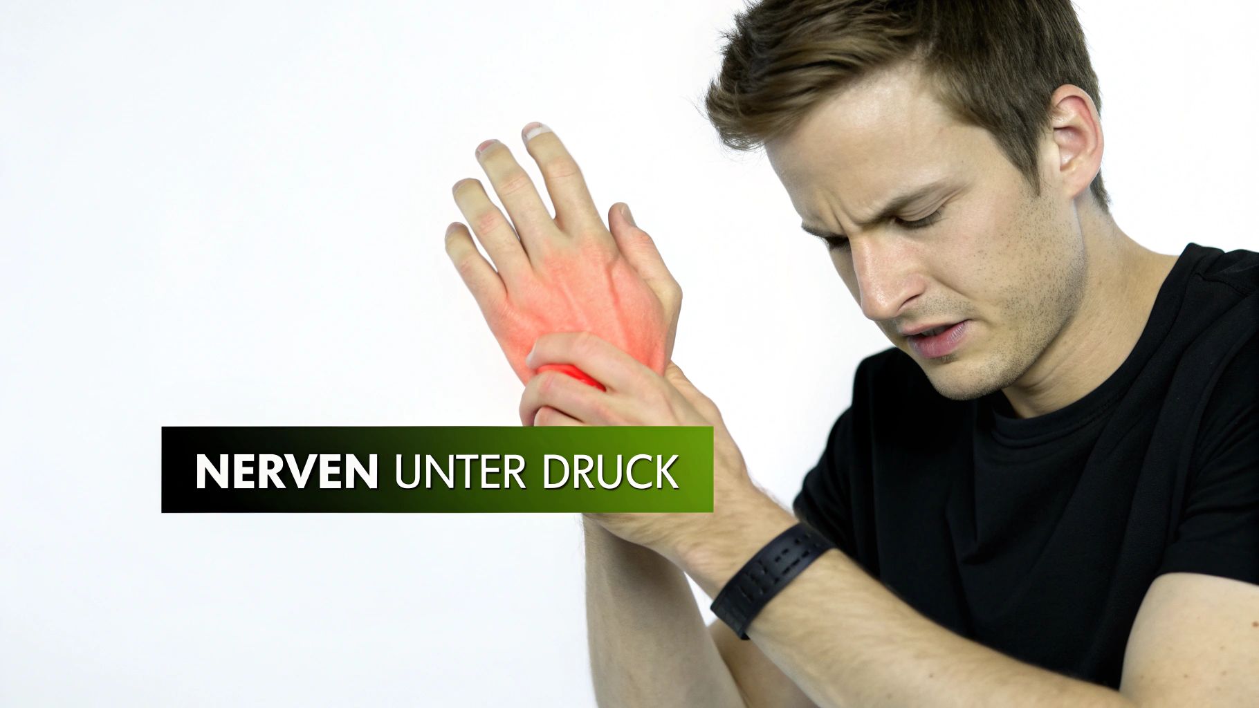 Ein Mann hält sein schmerzendes, rot hervorgehobenes Handgelenk, mit dem Text 'Nerven unter Druck'.