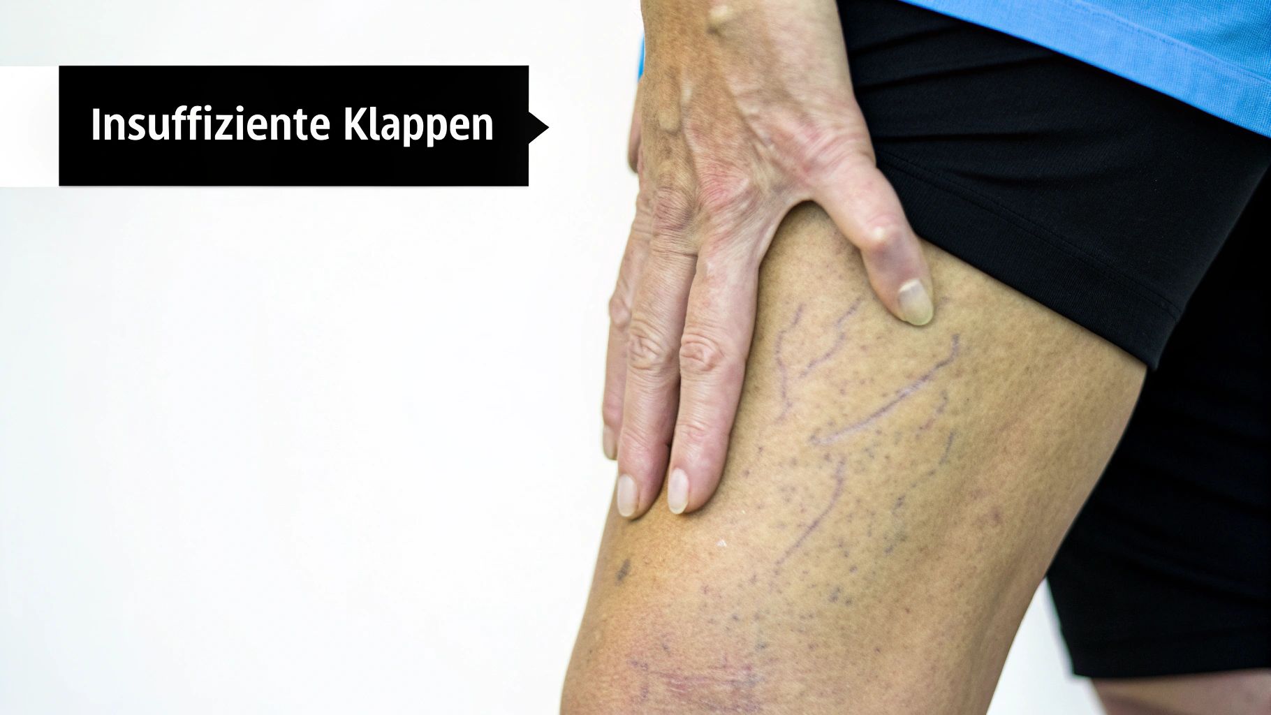 Nahaufnahme eines Beins mit sichtbaren Krampfadern und Besenreisern; eine Hand berührt die Haut. Text: Insuffiziente Klappen.