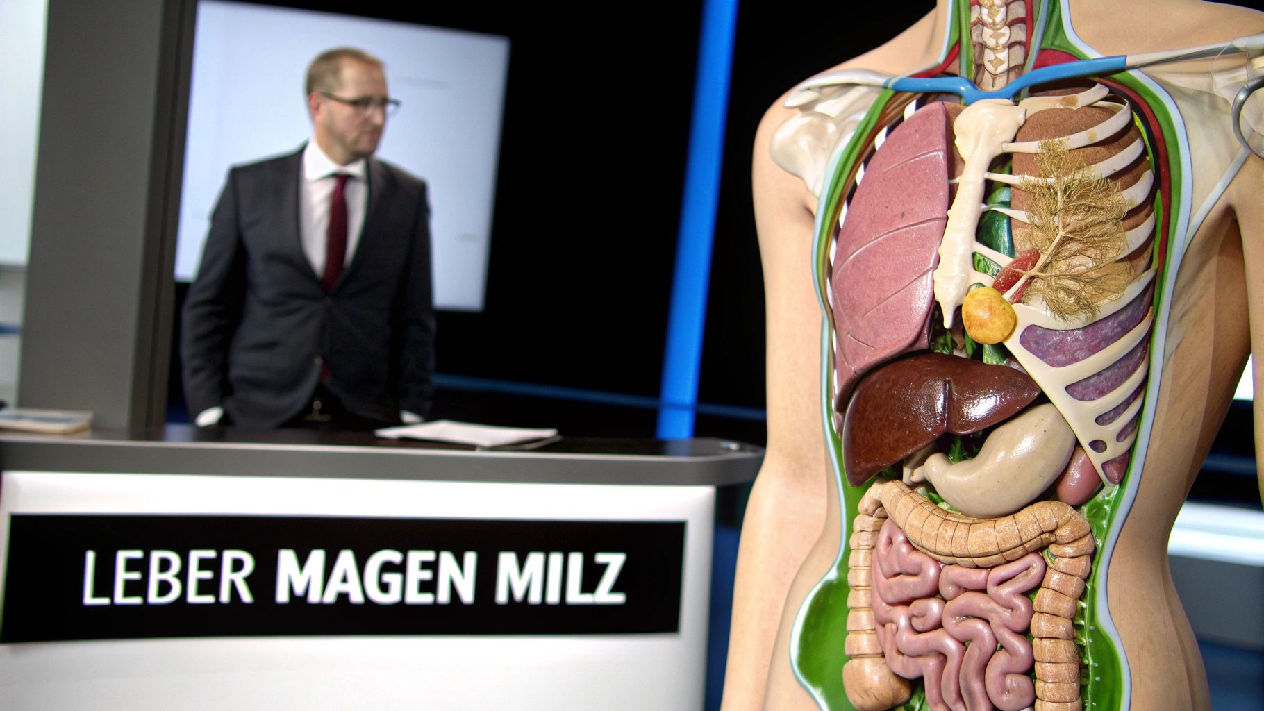 Anatomisches Modell zeigt innere Organe wie Leber, Magen und Milz während einer medizinischen Präsentation