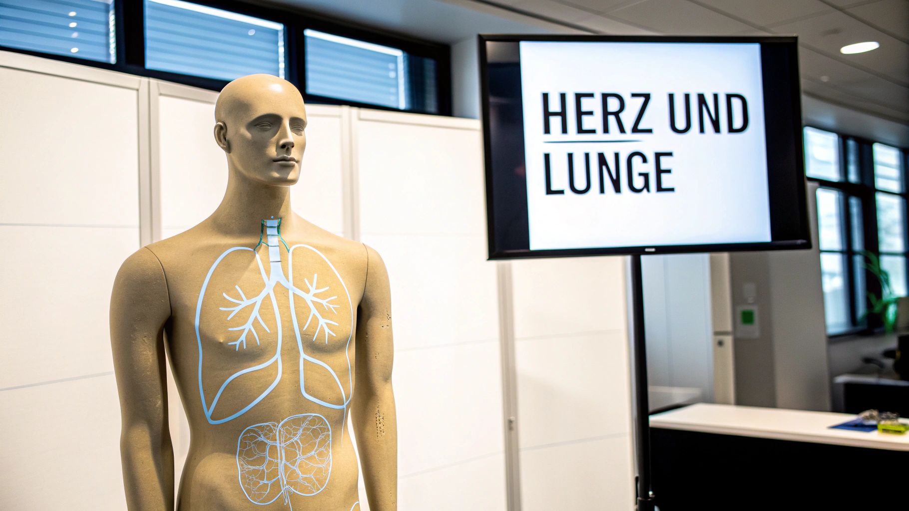Anatomisches Modell zeigt Herz und Lunge im menschlichen Körper mit Bildschirm im Hintergrund