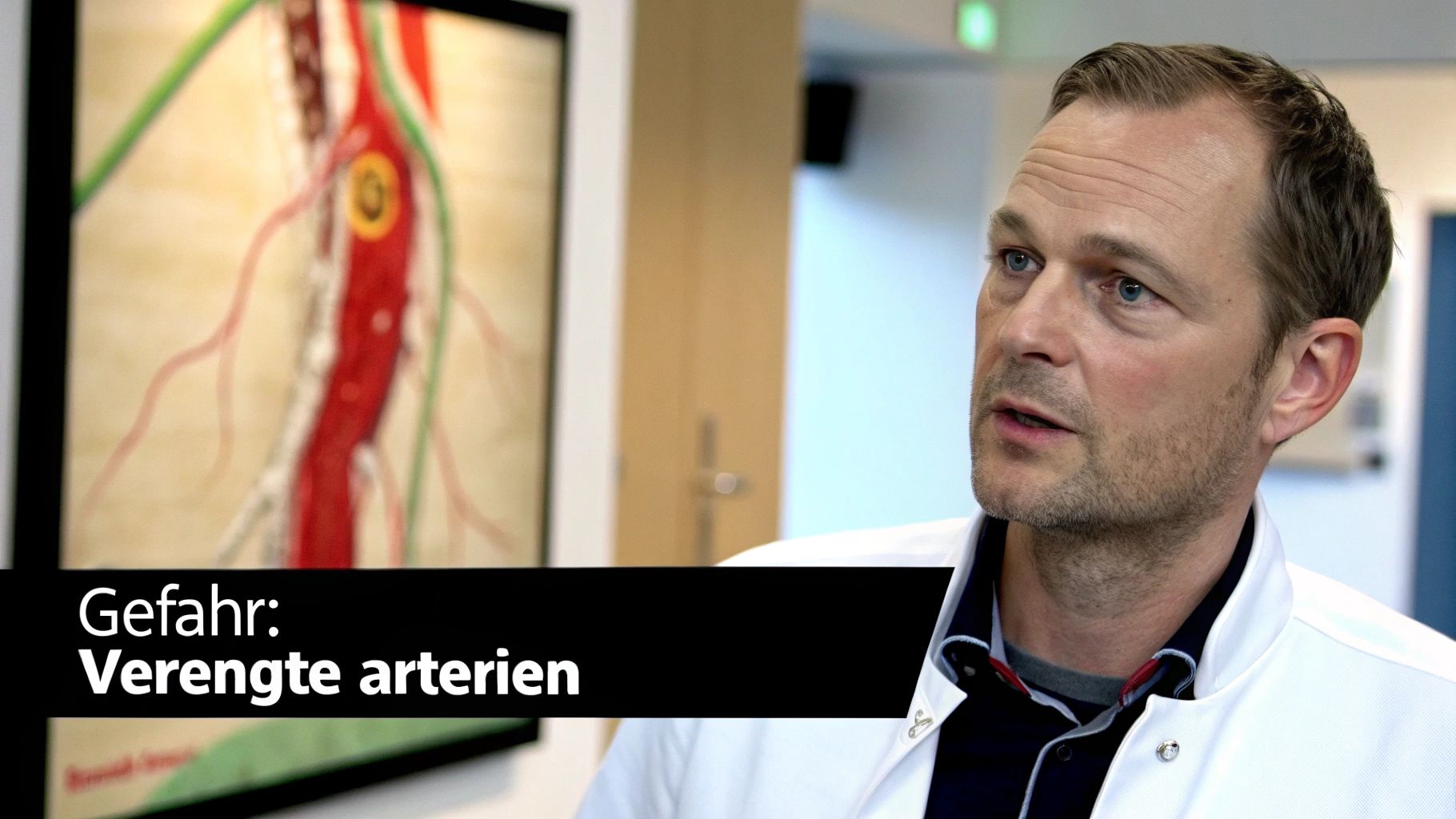 Ein Arzt im weißen Kittel spricht vor einer Illustration verengter Arterien, die auf das Risiko hinweist.