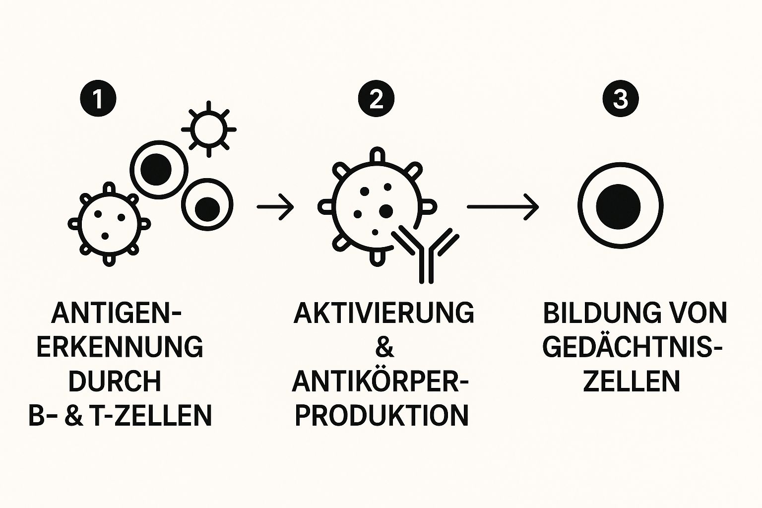 Infografik, die den dreistufigen Prozess der spezifischen Immunantwort darstellt: Antigenerkennung, Aktivierung und Antikörperproduktion, und die Bildung von Gedächtniszellen.