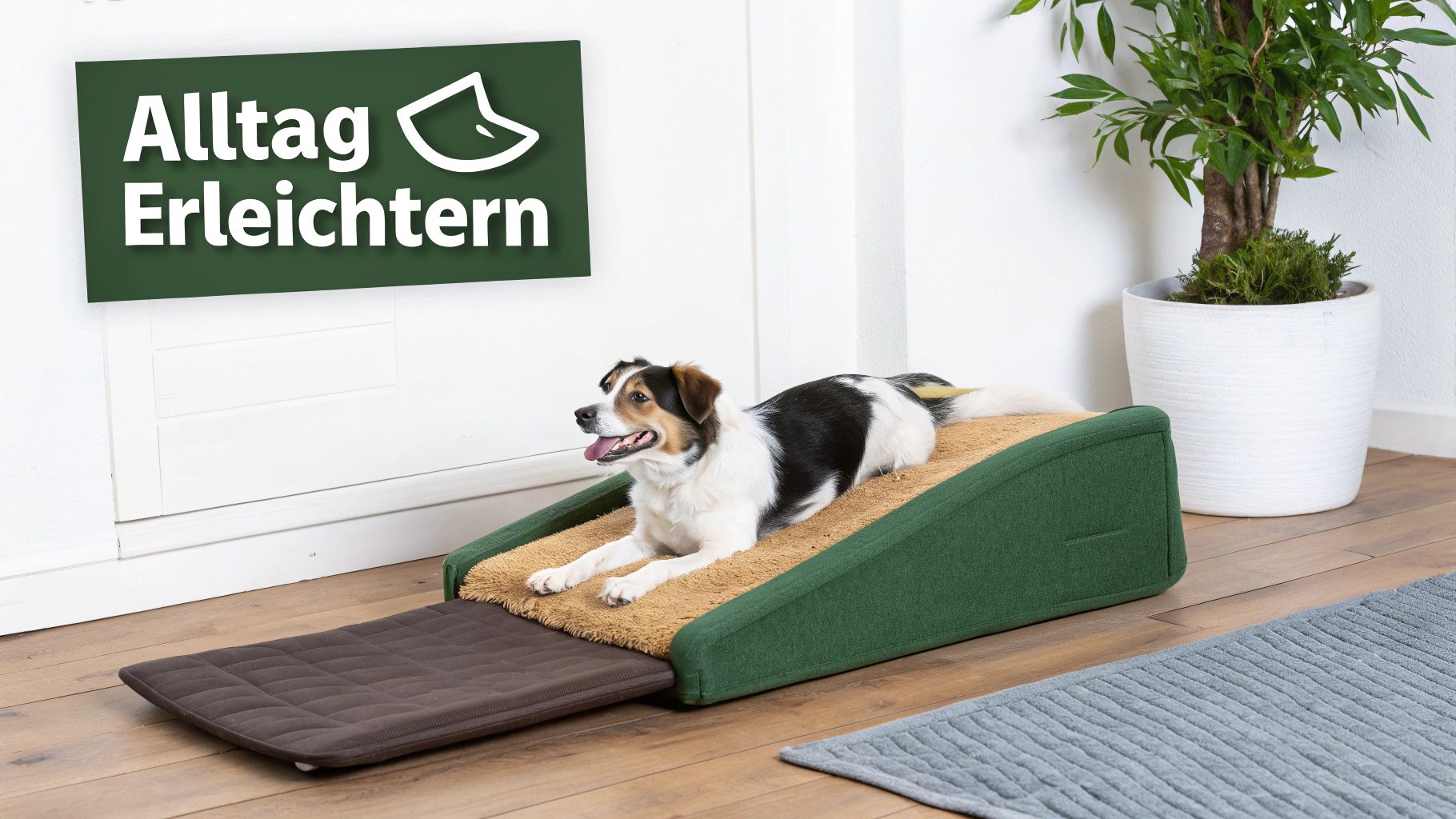 Hunderampe aus grünem Schaumstoff mit Kokos-Auflage zur Erleichterung des Alltags für Hunde mit Gelenkproblemen