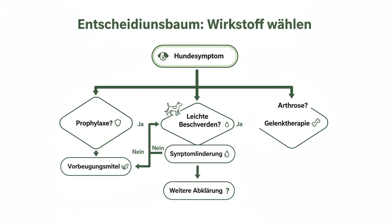 Ein Entscheidungsbaum zur Auswahl von Wirkstoffen für Hundesymptome, gegliedert nach Prophylaxe, leichten Beschwerden und Arthrose.