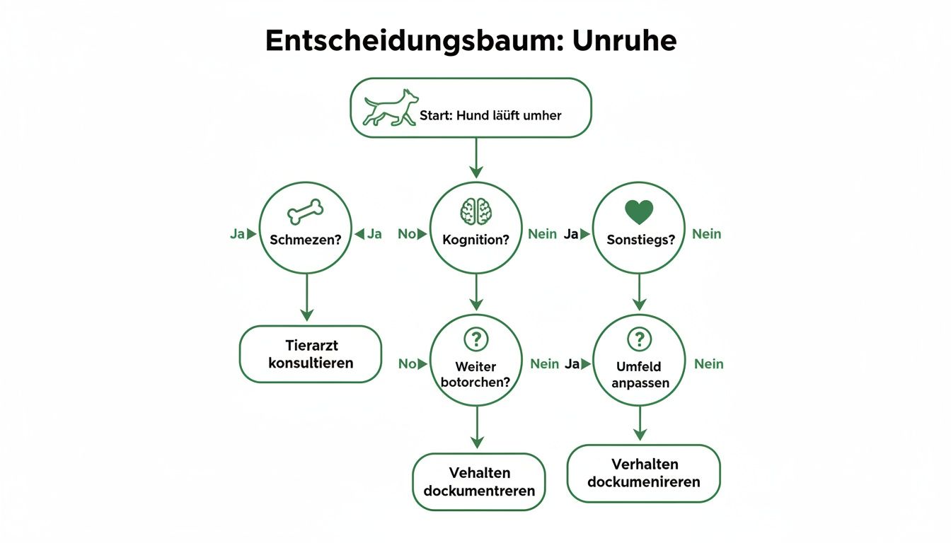 Entscheidungsbaum zur Unruhe beim Hund, der die Ursachen Schmerzen, Kognition und Umfeld beleuchtet.