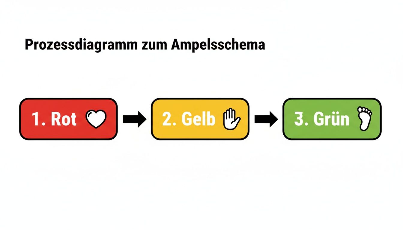 Prozessdiagramm zum Ampelschema mit den Schritten: 1. Rot (Herz), 2. Gelb (Hand), 3. Grün (Fußabdruck).
