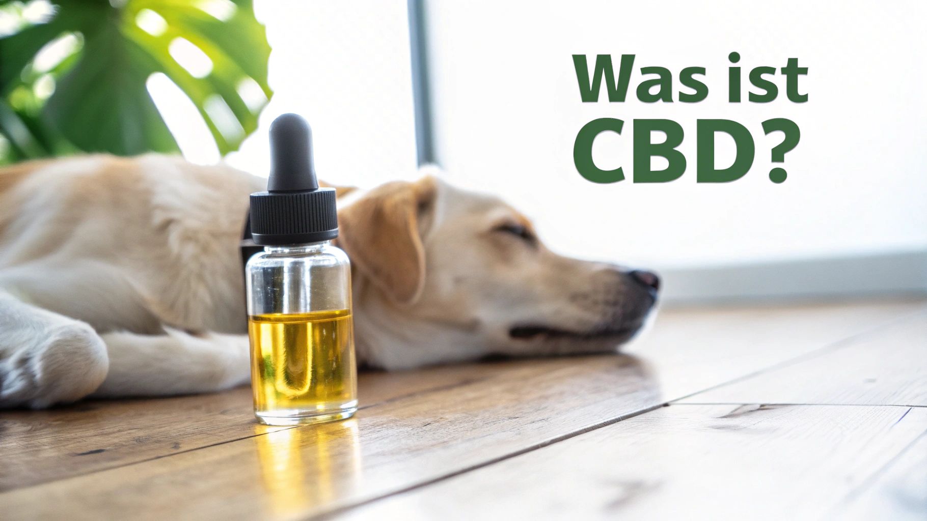 Ein schlafender Labrador-Hund liegt auf einem Holzboden neben einer Flasche CBD-Öl mit Pipette. Im Bild ist die Frage 'Was ist CBD?' zu sehen.