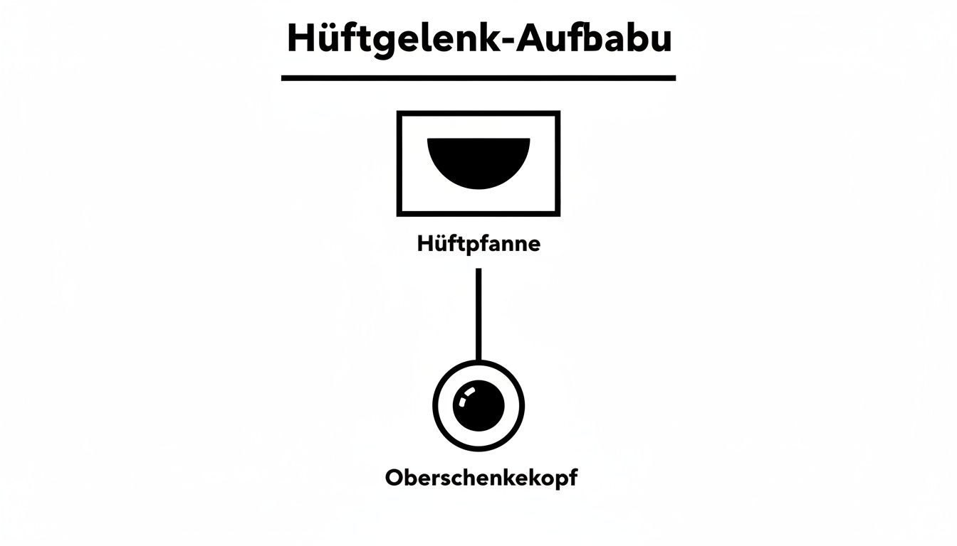 Dieses Bild zeigt den Aufbau eines Hüftgelenks mit Hüftpfanne und Oberschenkelkopf in einer vereinfachten Darstellung.