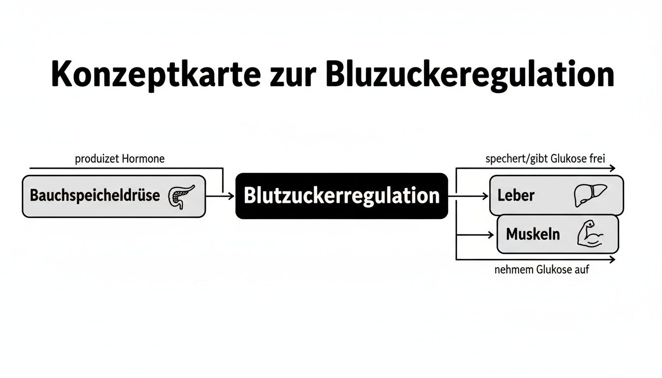 Konzeptkarte zur Blutzuckerregulation, die die Funktionen der Bauchspeicheldrüse, Leber und Muskeln darstellt.