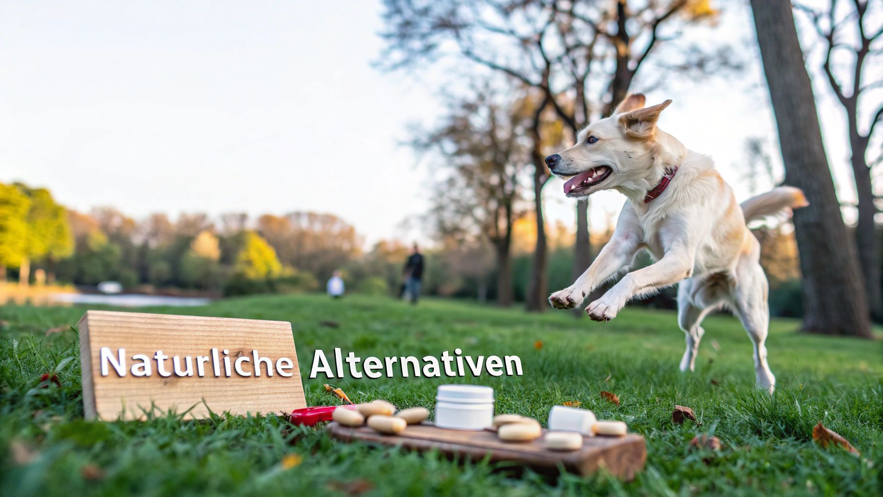 Ein glücklicher Hund springt im Park neben einem Schild "Natürliche Alternativen" und Leckerlis auf dem Gras.