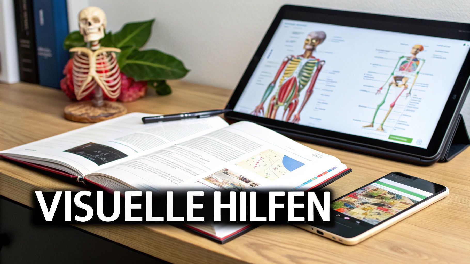 Schreibtisch mit verschiedenen Lernmaterialien: Anatomiemodell, offenes Buch, Tablet mit menschlichen Anatomie-Diagrammen und Smartphone als visuelle Hilfen.