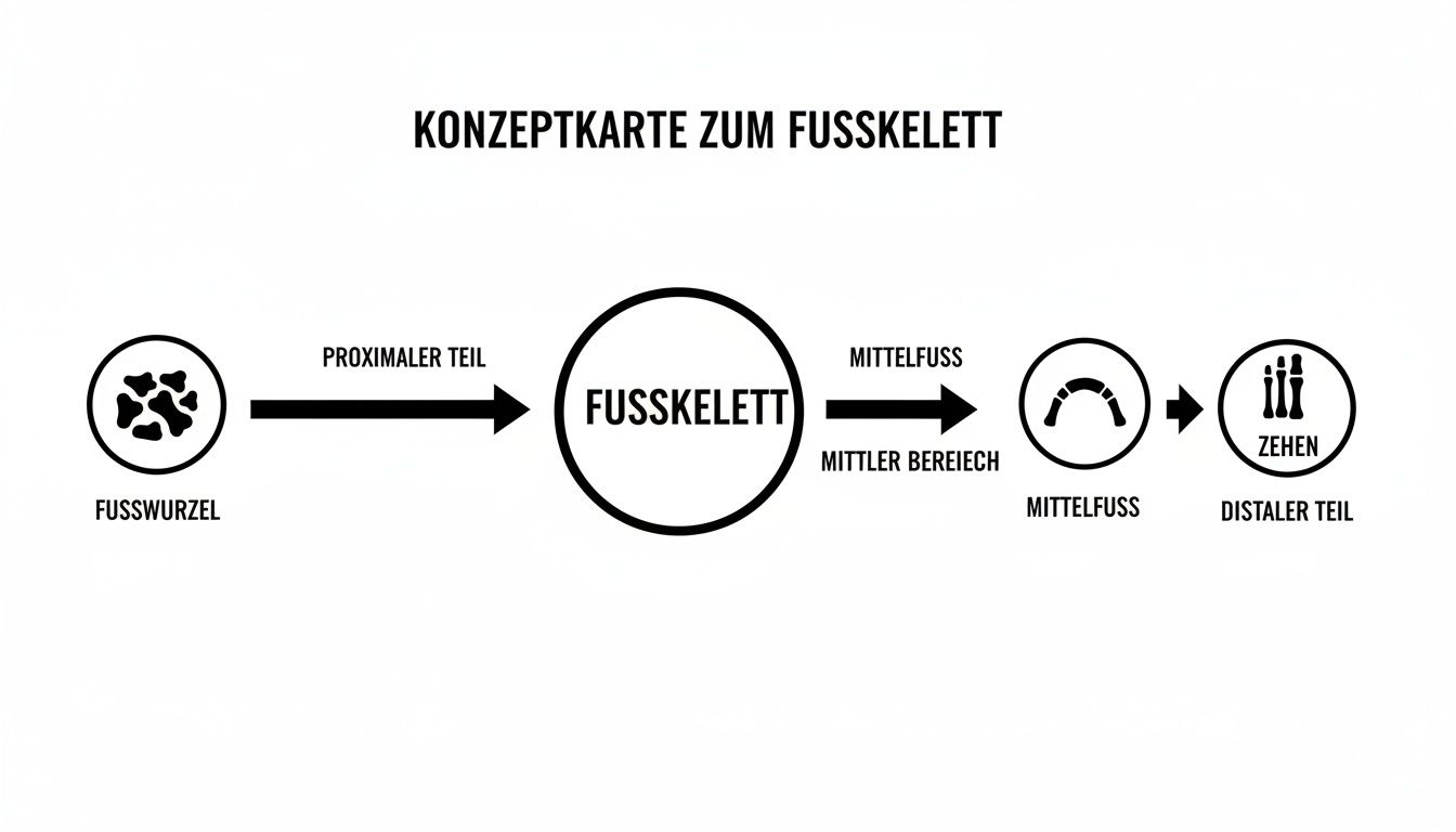 Eine Konzeptkarte zeigt den Aufbau des menschlichen Fußskeletts, unterteilt in Fusswurzel, Mittelfuß und Zehen, von proximal nach distal.