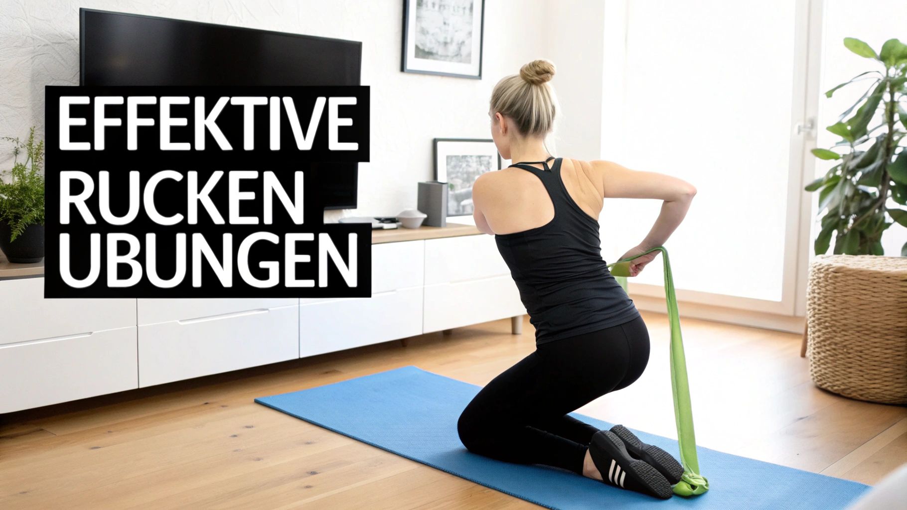 Frau macht effektive Rückenübungen mit einem Widerstandsband auf einer Yogamatte zu Hause.