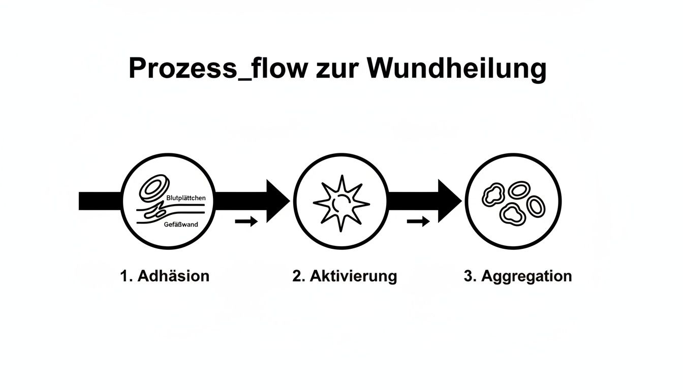 Flussdiagramm der Wundheilung, das die Adhäsion, Aktivierung und Aggregation von Blutplättchen zeigt.