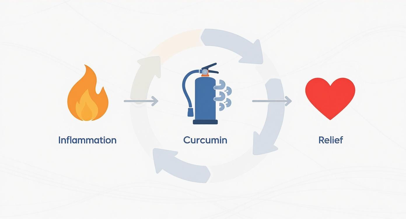 Ein Diagramm, das zeigt, wie Curcumin (symbolisiert als Feuerlöscher) Entzündungen bekämpft und Linderung bringt.