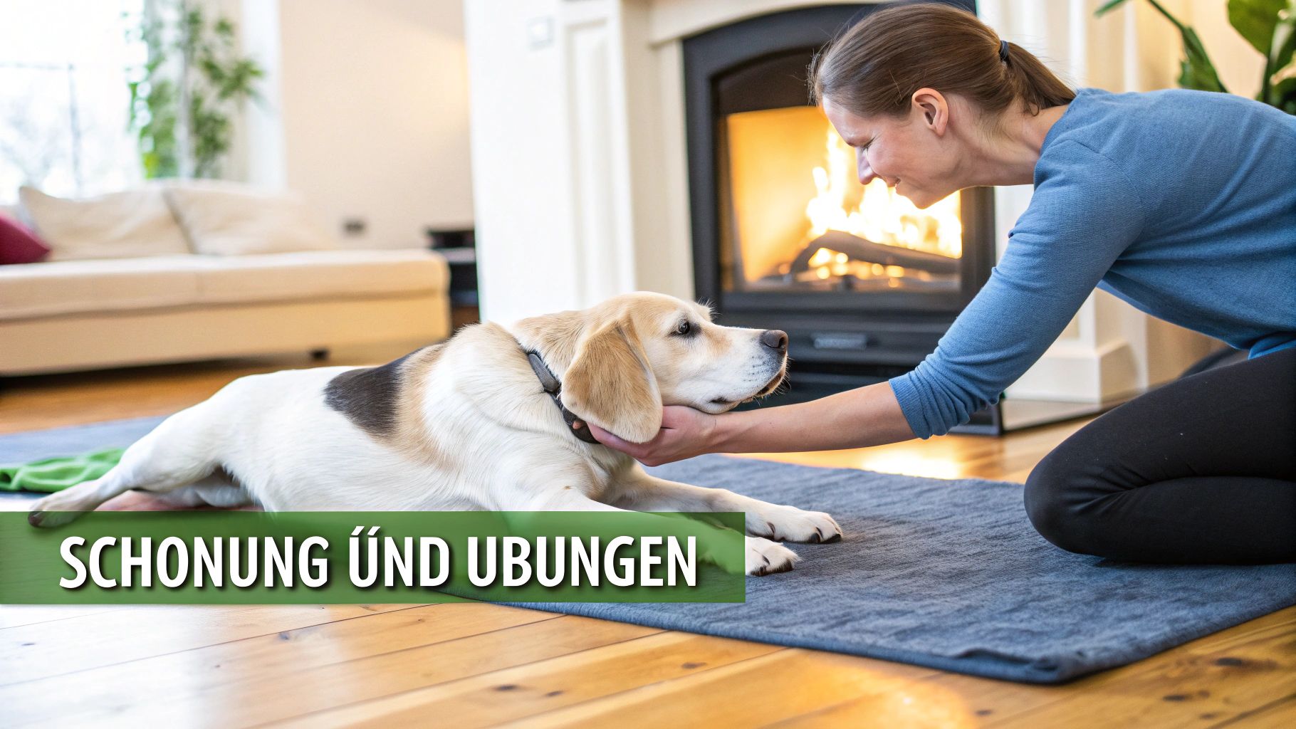 Frau übt mit Beagle-Hund Stretching-Übungen auf Matte vor Kamin zur Schonung der Pfote