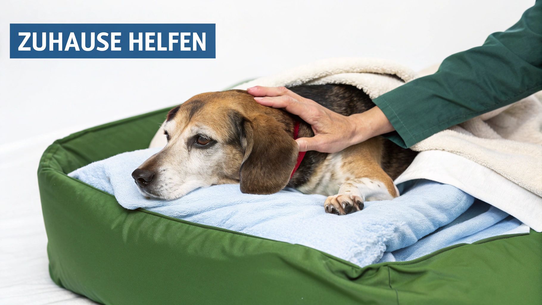 Ein fürsorglicher Besitzer massiert sanft die Schulter seines älteren Hundes.