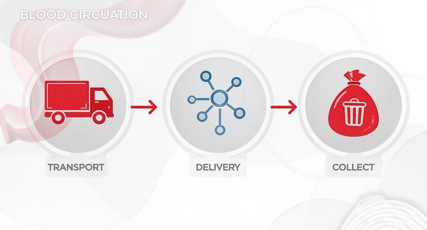 Infografik darüber, wie der Blutkreislauf funktioniert, mit Symbolen für Transport, Lieferung und Sammlung