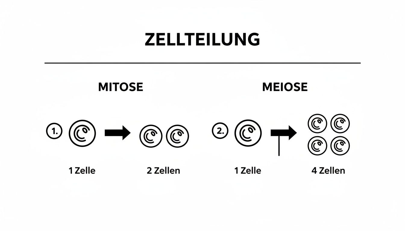 Diagramm zur Zellteilung: Mitose zeigt zwei Zellen aus einer Mutterzelle, Meiose vier haploide Zellen.