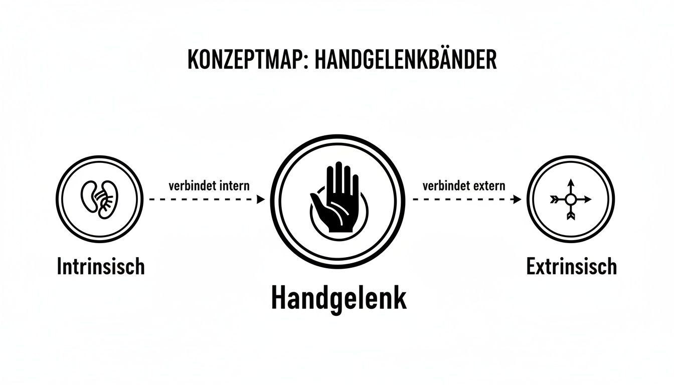 Konzeptkarte zu Handgelenkbändern, die intrinsische und extrinsische Verbindungen zum Handgelenk darstellt.