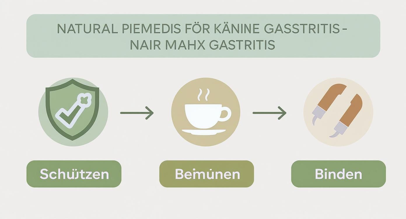 Infografik über den Prozess der Anwendung von Hausmitteln bei Hundegastritis, die die Schritte Schützen, Beruhigen und Binden zeigt