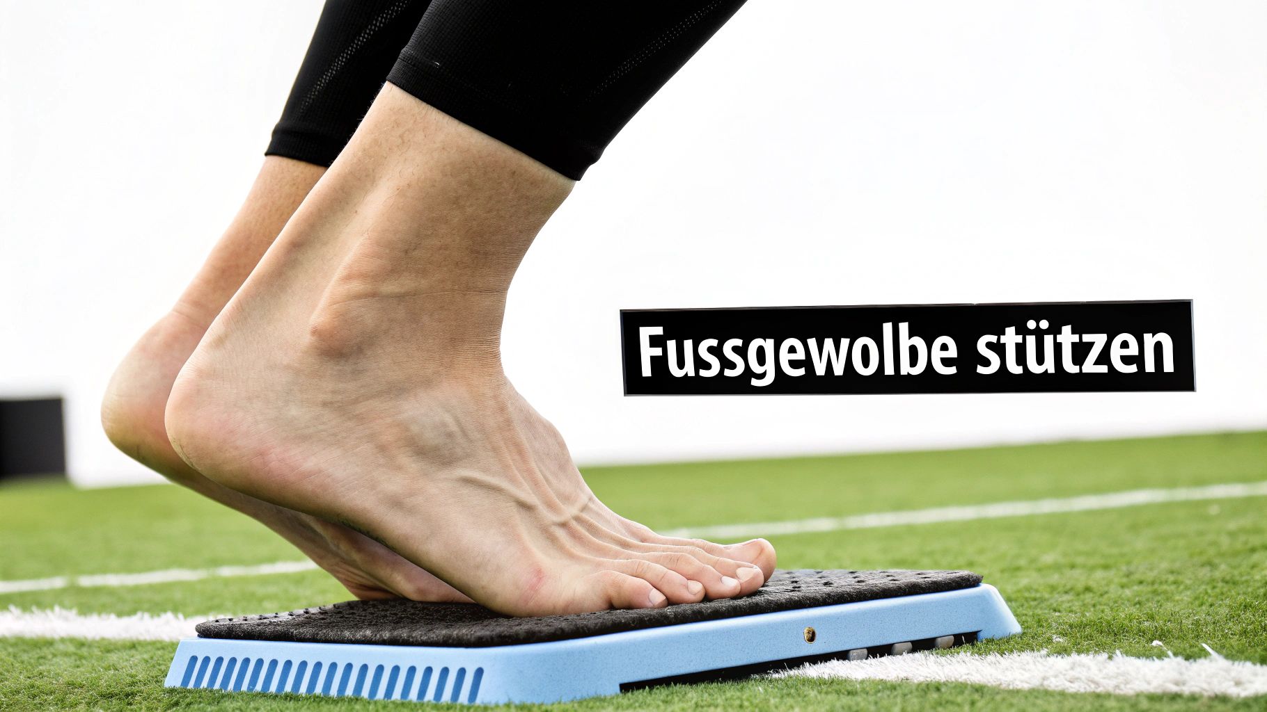 Nahaufnahme von nackten Füßen auf einer blauen Trainingsplattform auf Kunstrasen, Text: Fussgewolbe stützen.