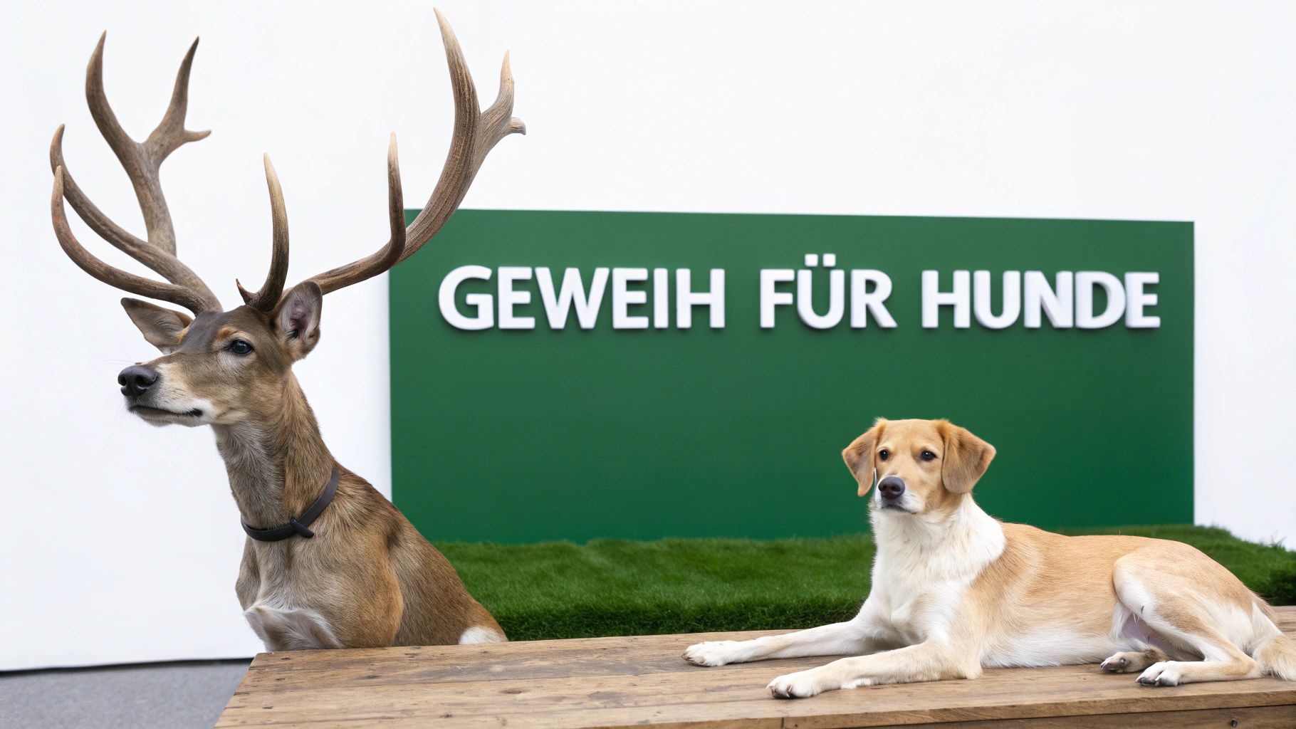 Ein Hund kaut glücklich auf einem Hirschgeweih