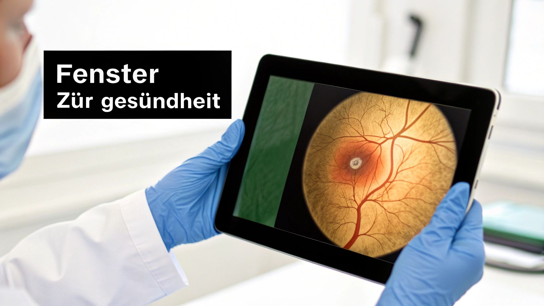 Arzt in Handschuhen hält Tablet mit Detailaufnahme der menschlichen Netzhaut und dem Text 'Fenster Zür gesundheit'.
