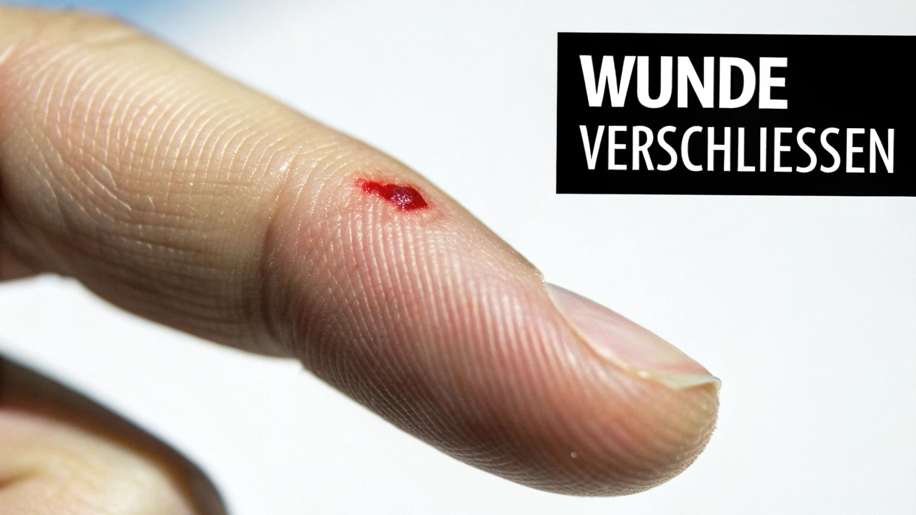 Nahaufnahme eines Fingers mit kleiner, blutender Wunde. Daneben schwarzes Feld mit Text: WUNDE VERSCHLIESSEN.