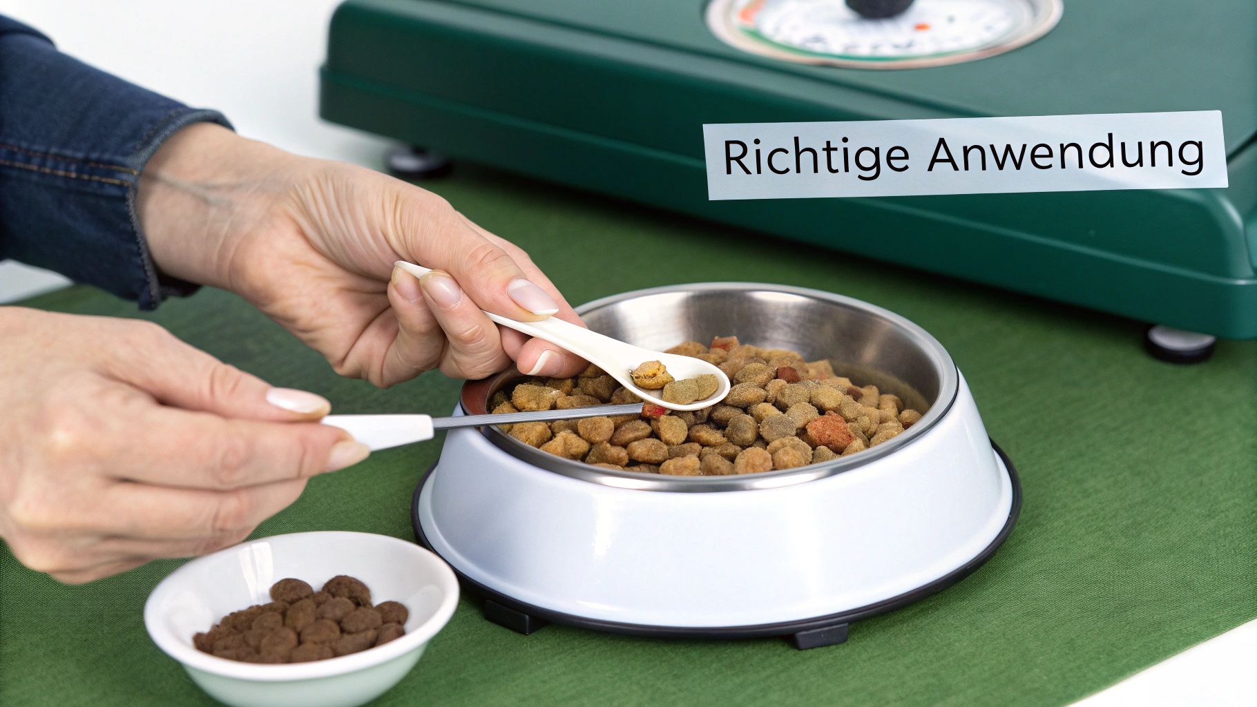 Hände füllen mit einem Löffel Trockenfutter in einen Hundenapf. Im Hintergrund eine Waage.