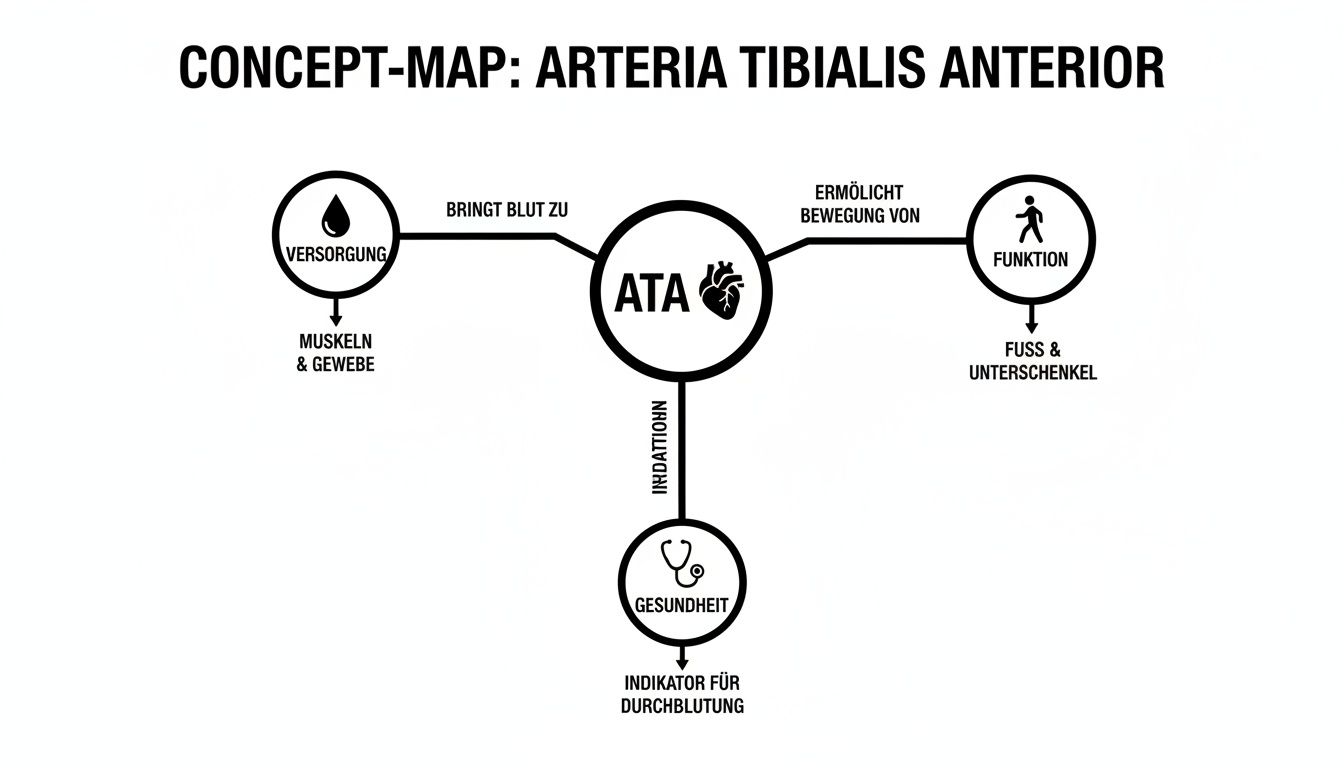 Konzeptkarte zur Arteria Tibialis Anterior zeigt Versorgung von Muskeln und Gewebe, Funktion für Bewegung von Fuss und Unterschenkel, sowie ihre Bedeutung als Gesundheitsindikator für die Durchblutung.
