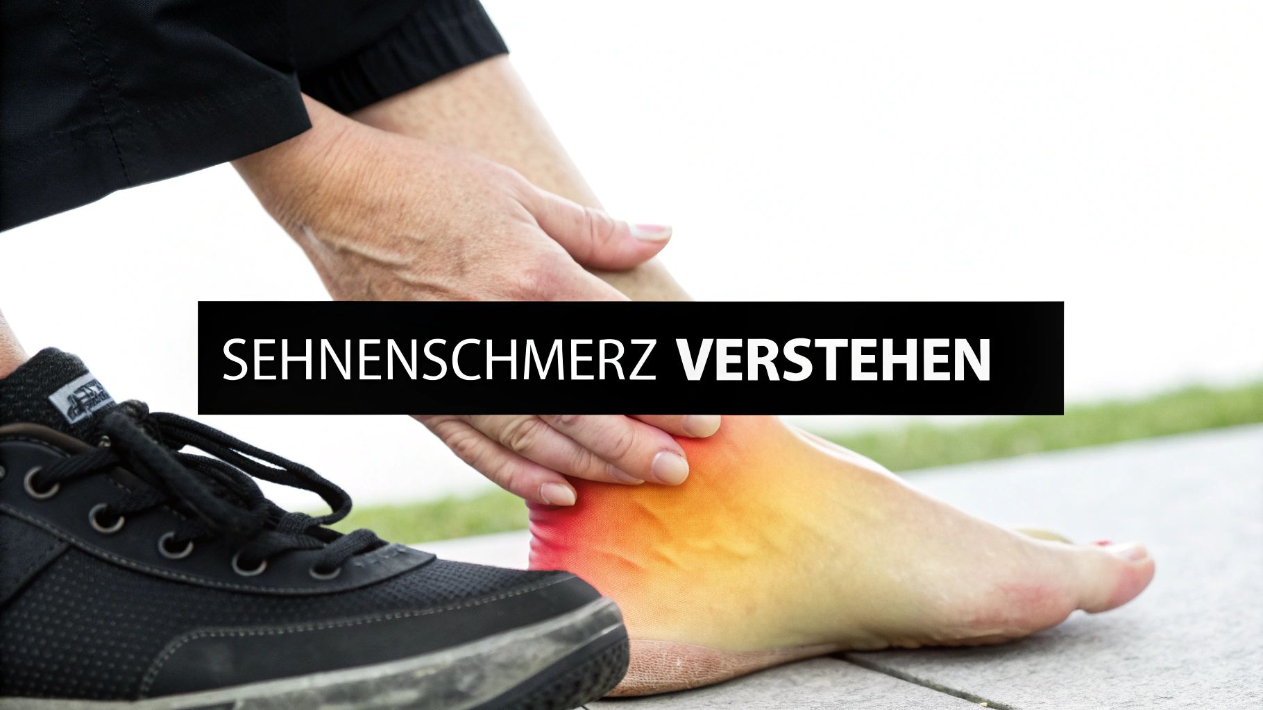 Eine Person hält ihren schmerzenden Fuß, der rot und gelb markiert ist. Text: Sehnenschmerz verstehen.